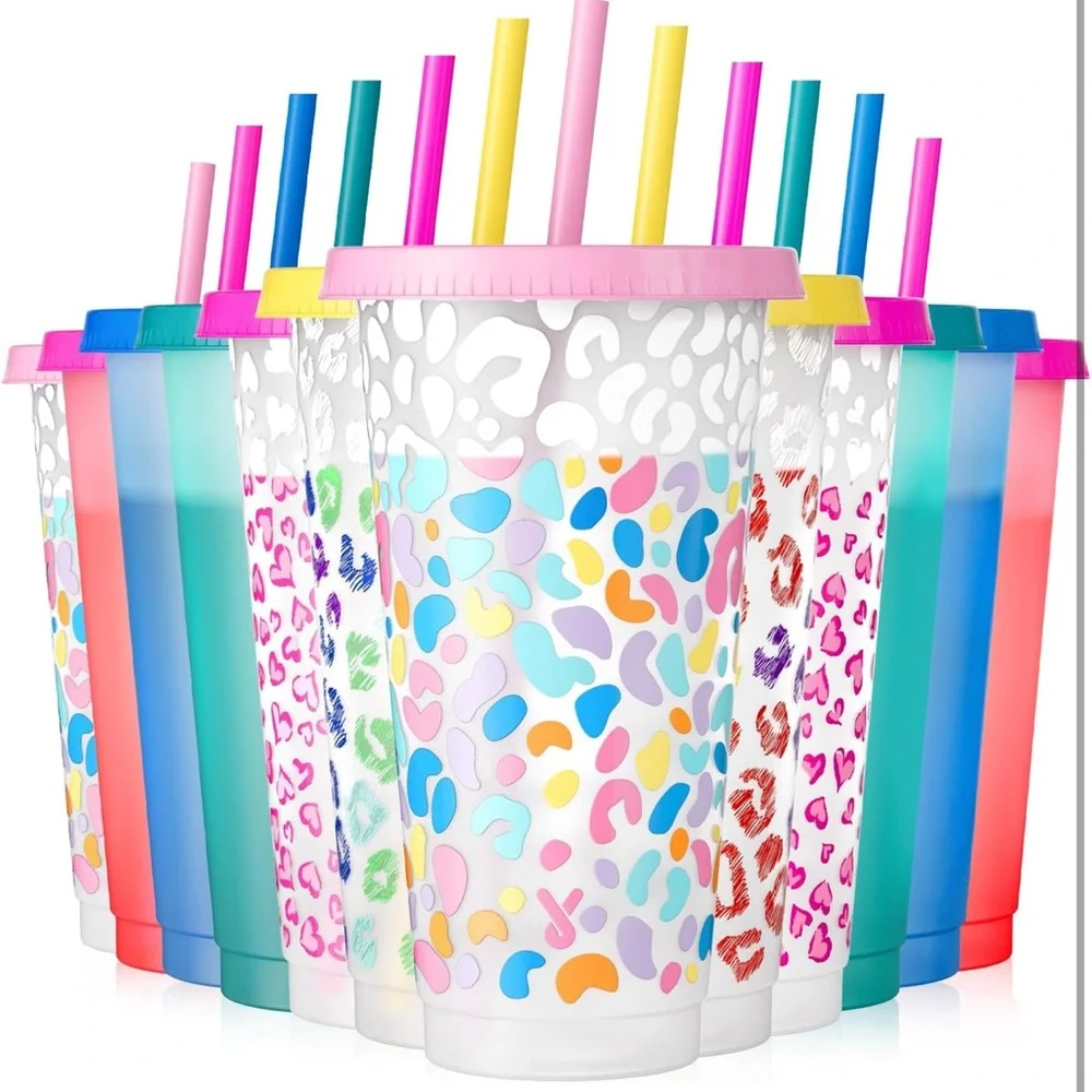 Meoky Plastic Cups with Lids and Straws - 12 Pack 24 oz Color Changing Cups